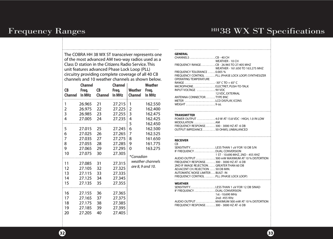 Cobra Electronics operating instructions Frequency Ranges HH 38 WX ST Specifications 