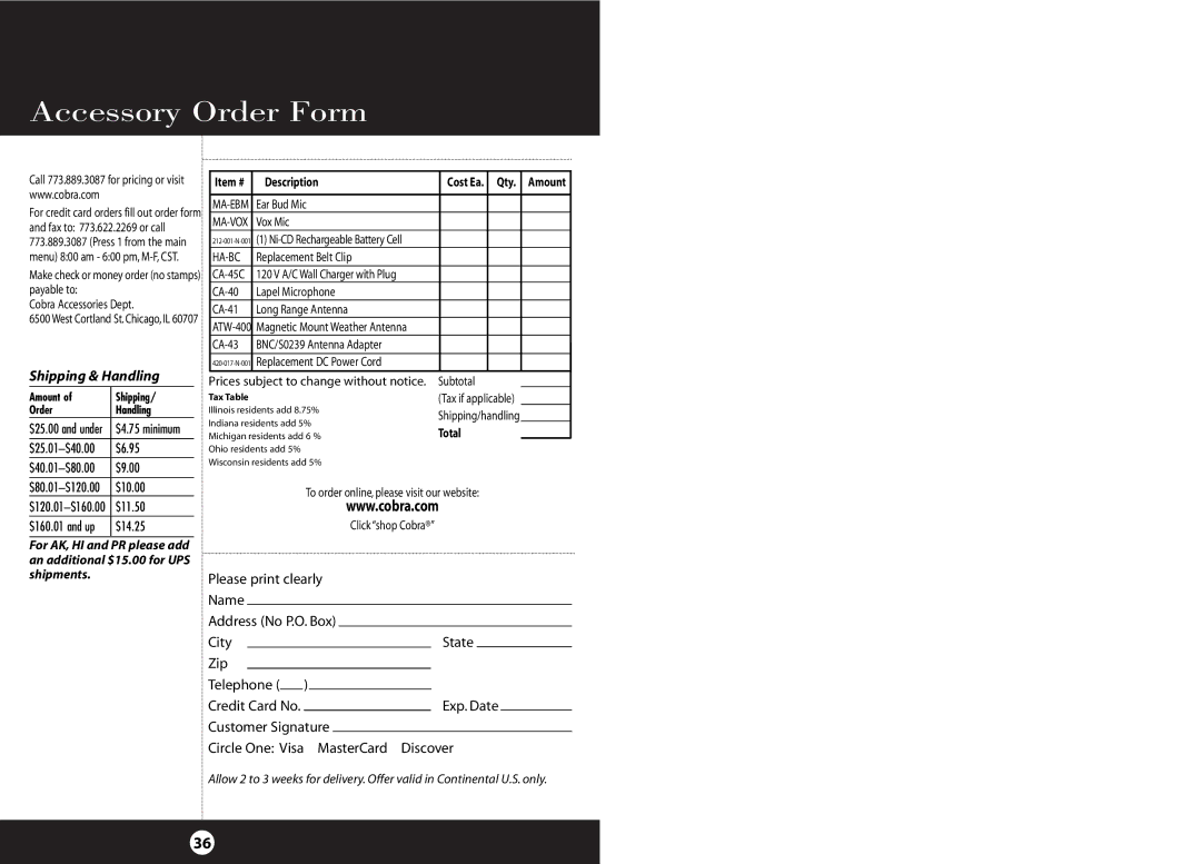 Cobra Electronics HH 38 WX ST operating instructions Accessory Order Form, Shipping & Handling 