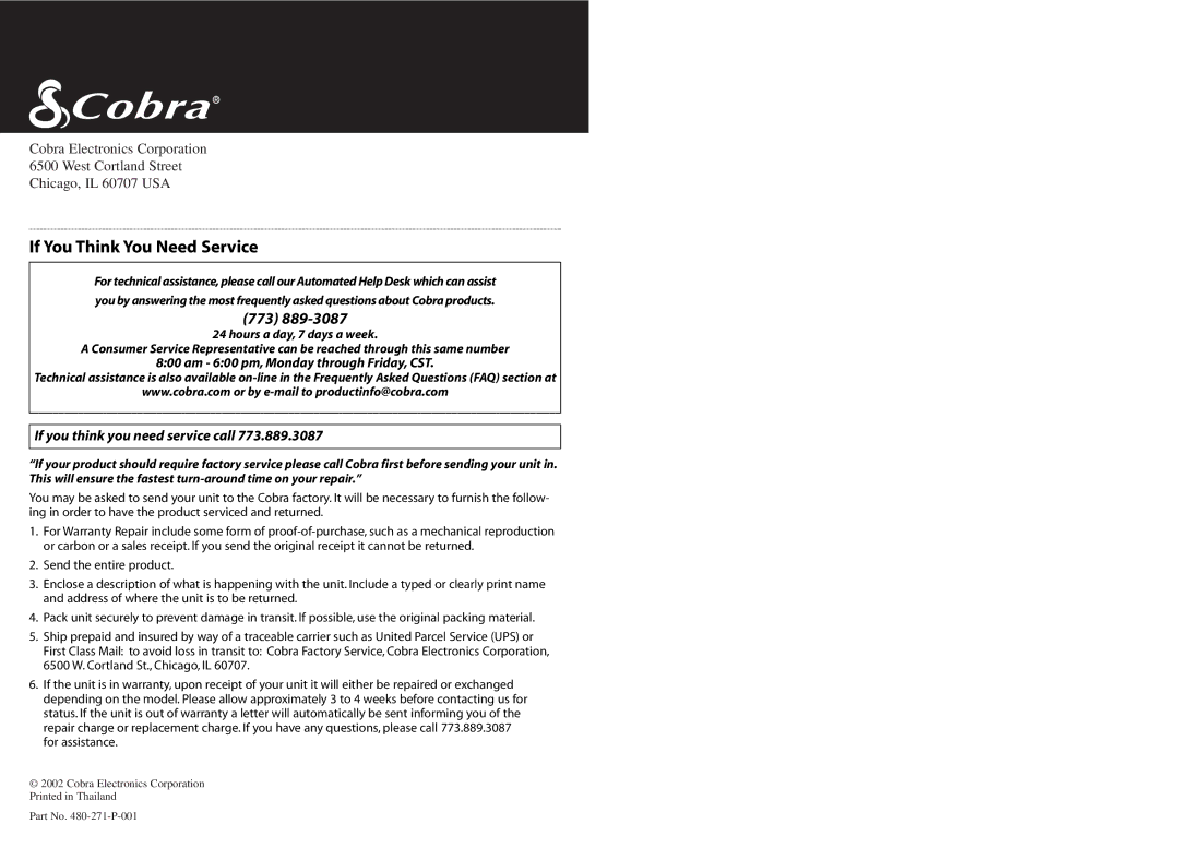 Cobra Electronics HH 38 WX ST operating instructions If You Think You Need Service, If you think you need service call 