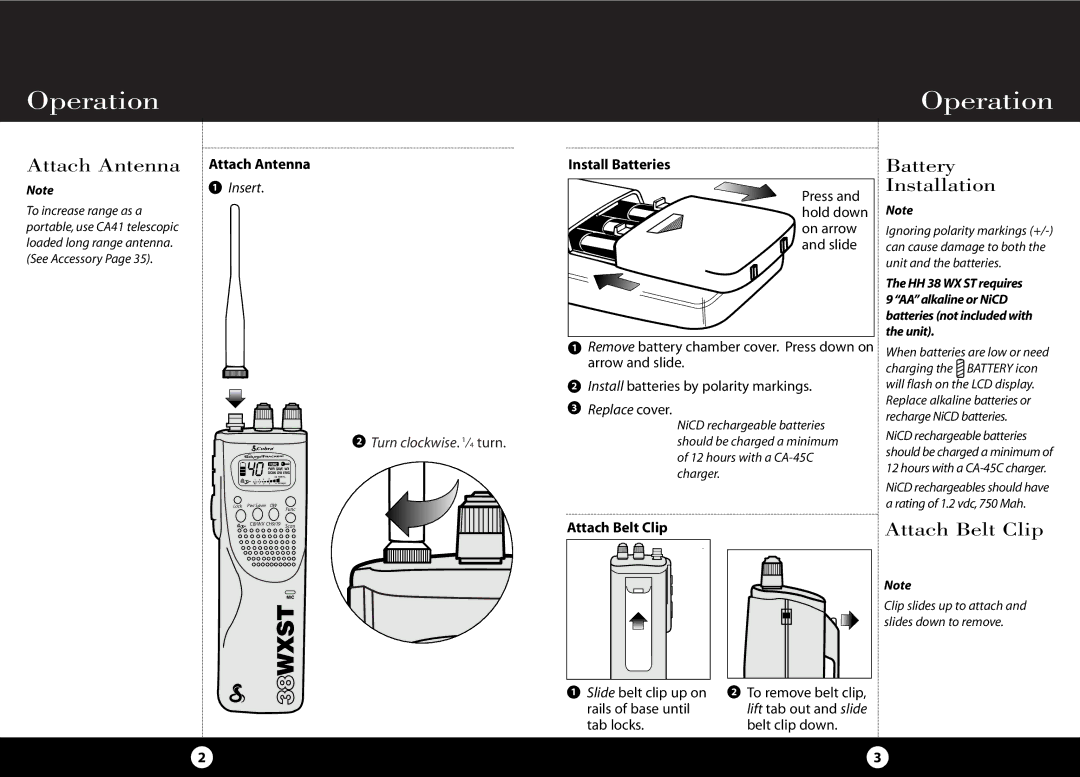 Cobra Electronics HH 38 WX ST operating instructions Operation, Attach Antenna, Battery Installation, Attach Belt Clip 