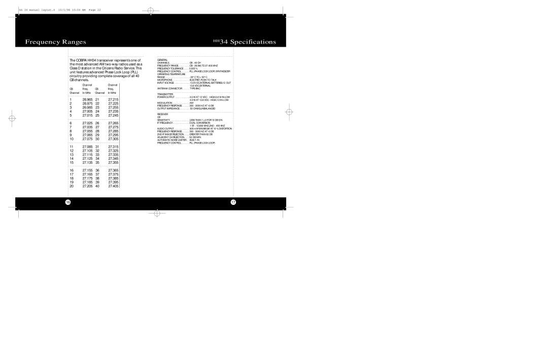 Cobra Electronics operating instructions Frequency Ranges, HH34 Specifications, MHz 