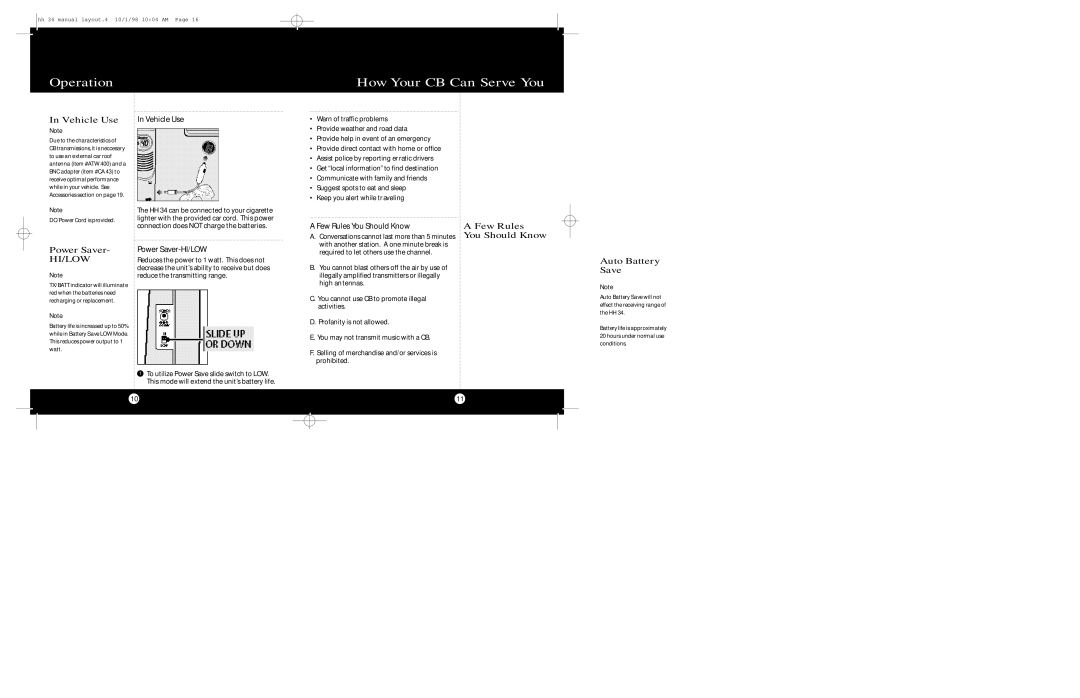 Cobra Electronics HH34 Operation How Your CB Can Serve You, Vehicle Use, Few Rules You Should Know Power Saver 