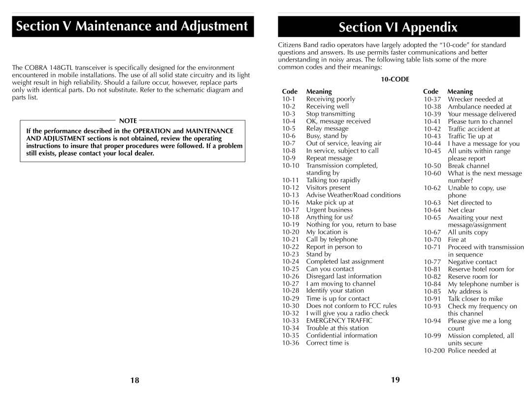 Cobra Electronics HH36ST operating instructions Section V Maintenance and Adjustment, Section VI Appendix, Code Meaning 