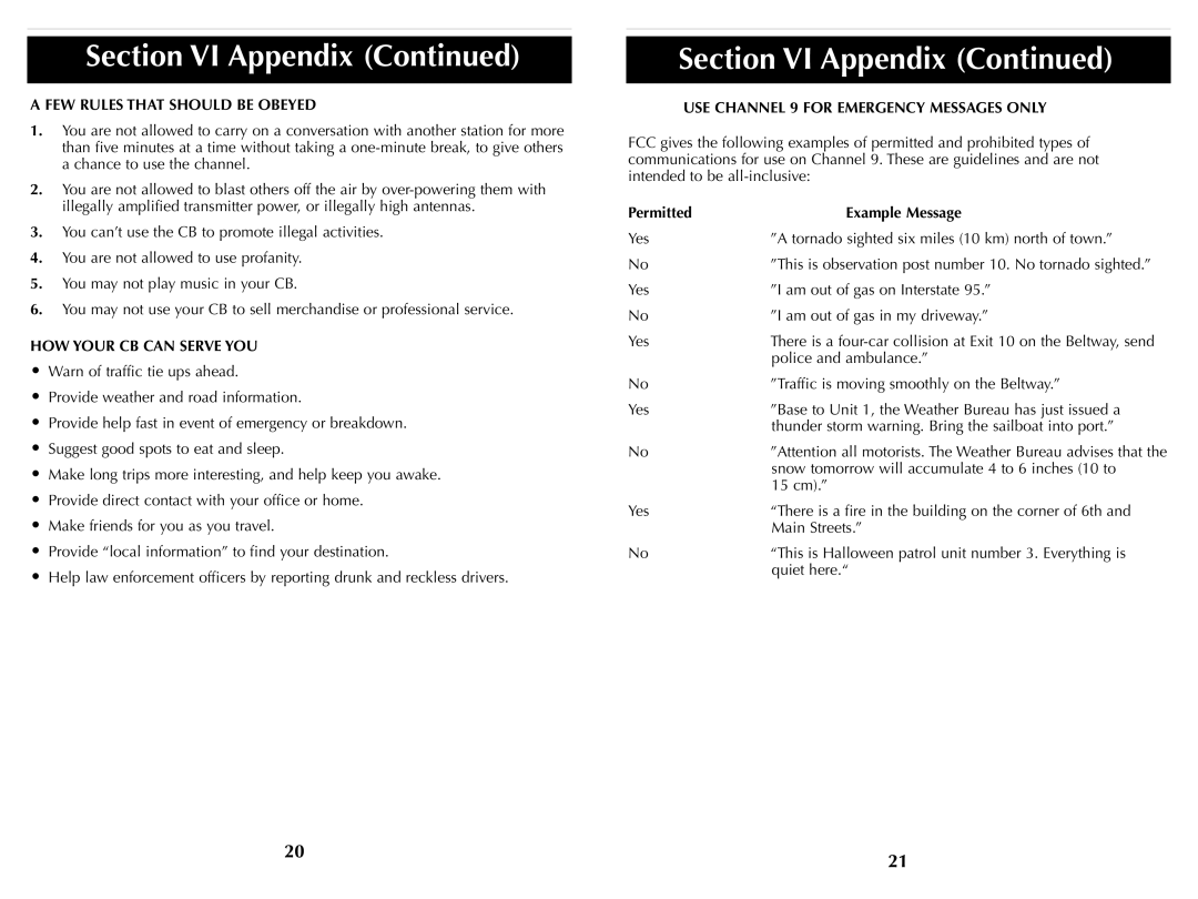 Cobra Electronics HH36ST FEW Rules That should be Obeyed, HOW Your CB can Serve YOU, Permitted Example Message 