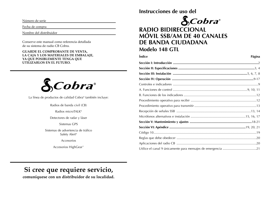 Cobra Electronics HH36ST operating instructions Si cree que requiere servicio, Índice Página 