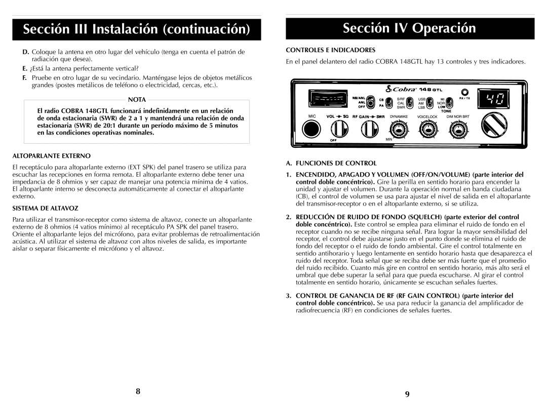 Cobra Electronics HH36ST Sección IV Operación, Altoparlante Externo, Controles E Indicadores, Funciones DE Control 