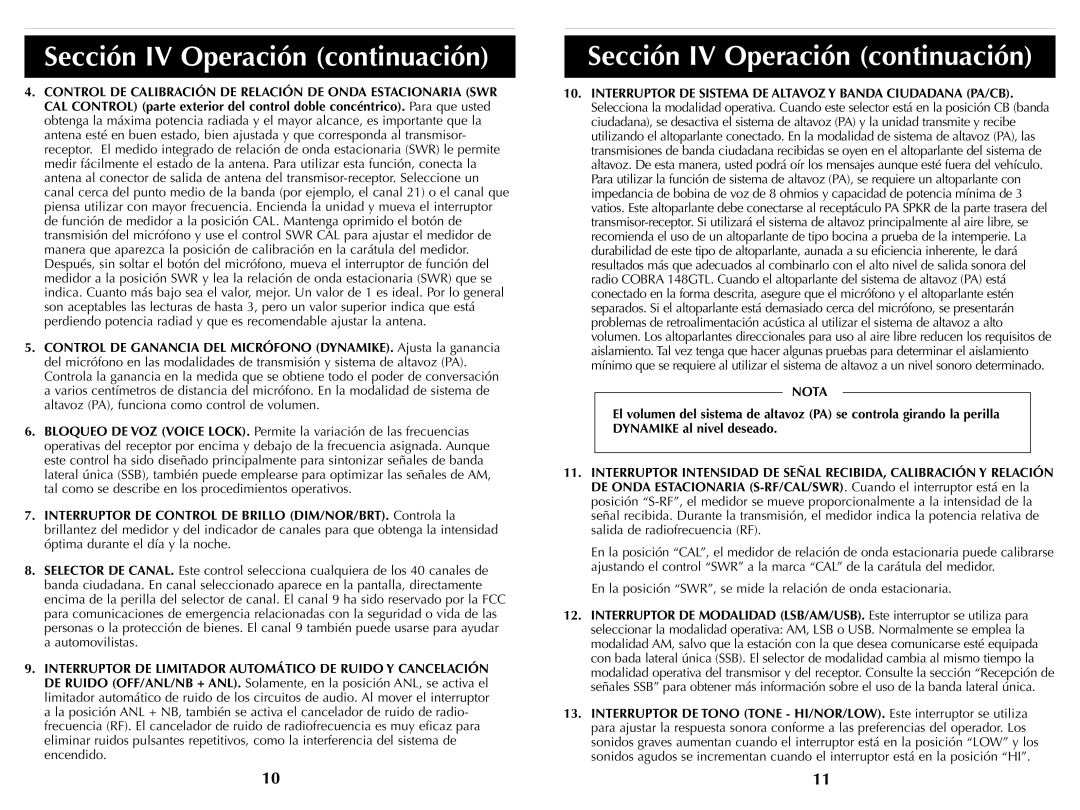 Cobra Electronics HH36ST operating instructions Sección IV Operación continuación 