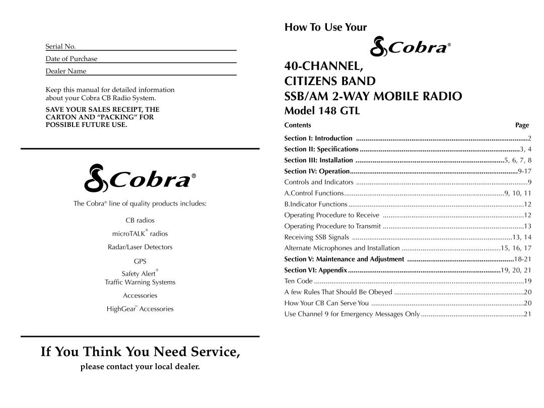 Cobra Electronics HH36ST operating instructions If You Think You Need Service, Contents 