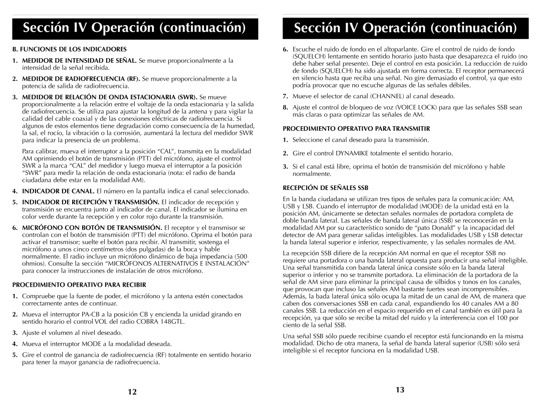 Cobra Electronics HH36ST Funciones DE LOS Indicadores, Procedimiento Operativo Para Recibir, Recepción DE Señales SSB 