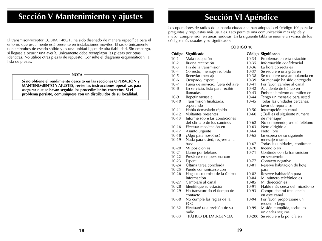 Cobra Electronics HH36ST Sección V Mantenimiento y ajustes, Sección VI Apéndice, Código Significado 