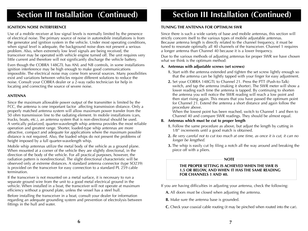 Cobra Electronics HH36ST operating instructions Ignition Noise Interference, Tuning the Antenna for Optimum SWR 