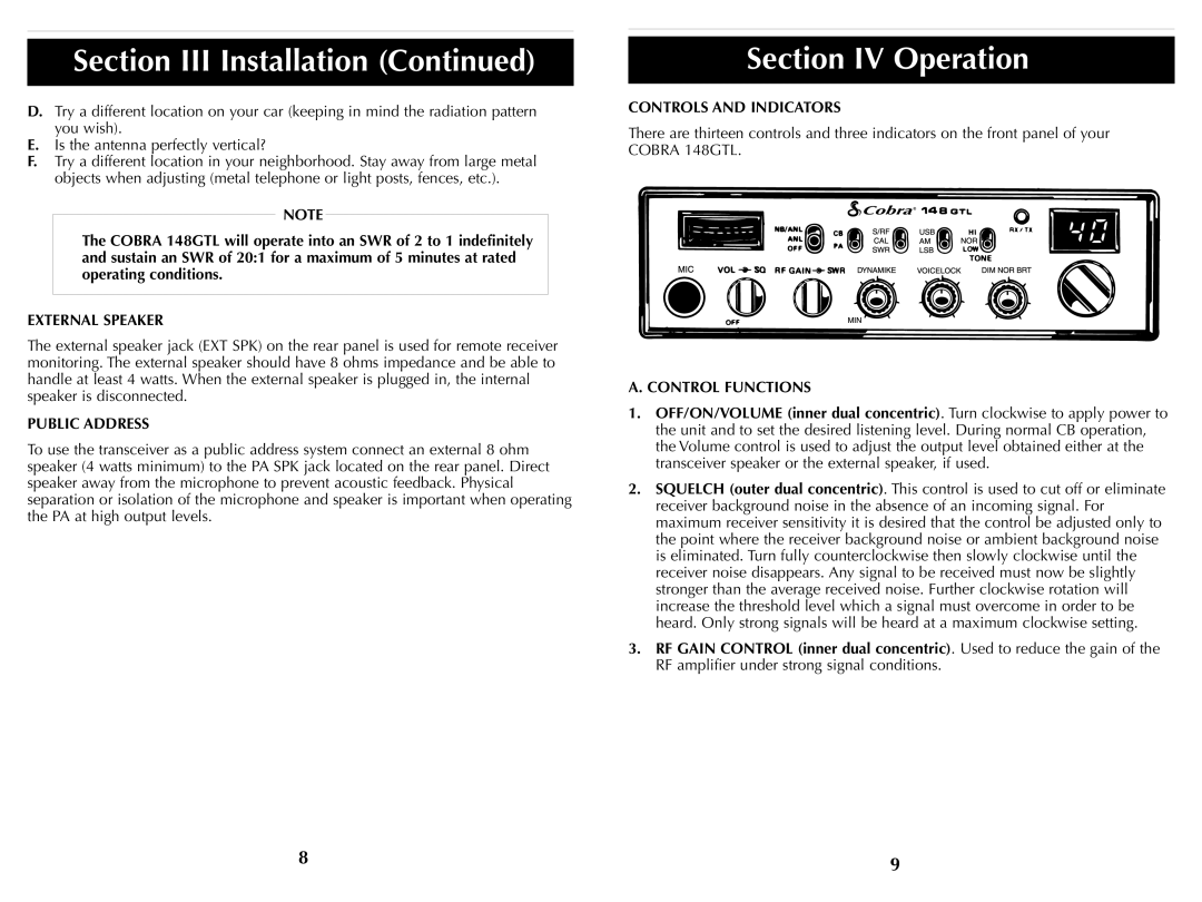 Cobra Electronics HH36ST Section IV Operation, External Speaker, Public Address, Controls and Indicators 