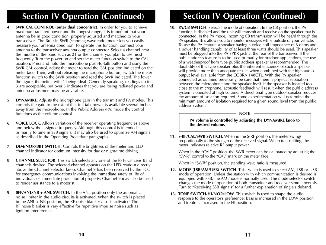 Cobra Electronics HH36ST operating instructions Section IV Operation 