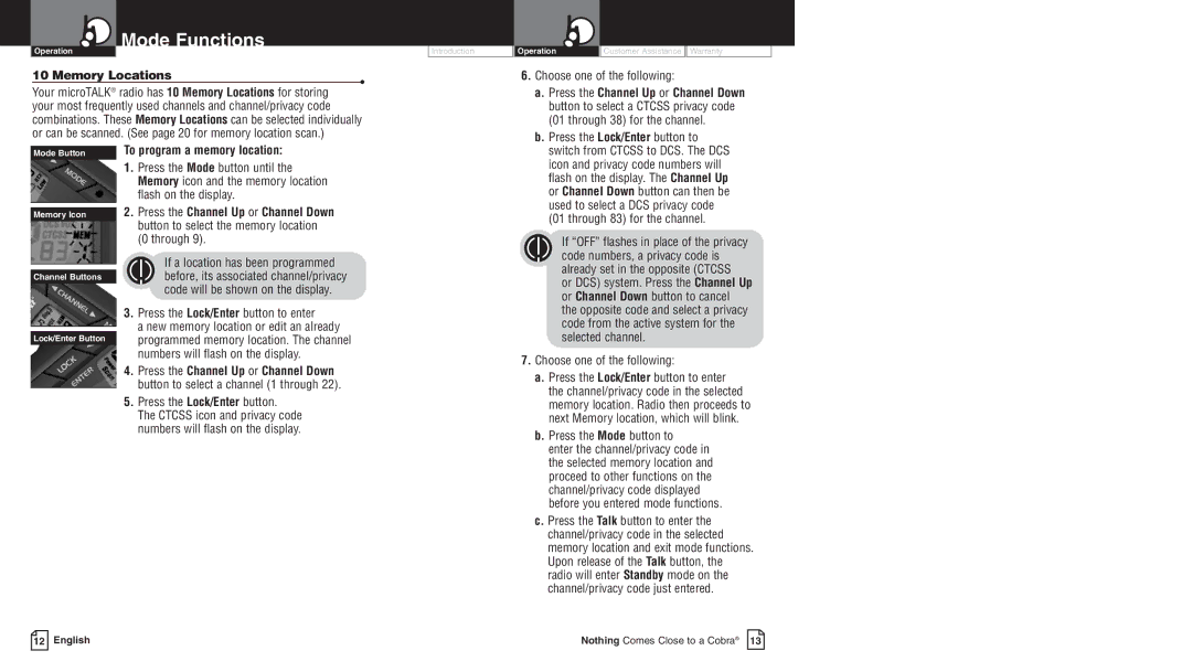 Cobra Electronics LI 3900DX owner manual Memory Locations, To program a memory location 