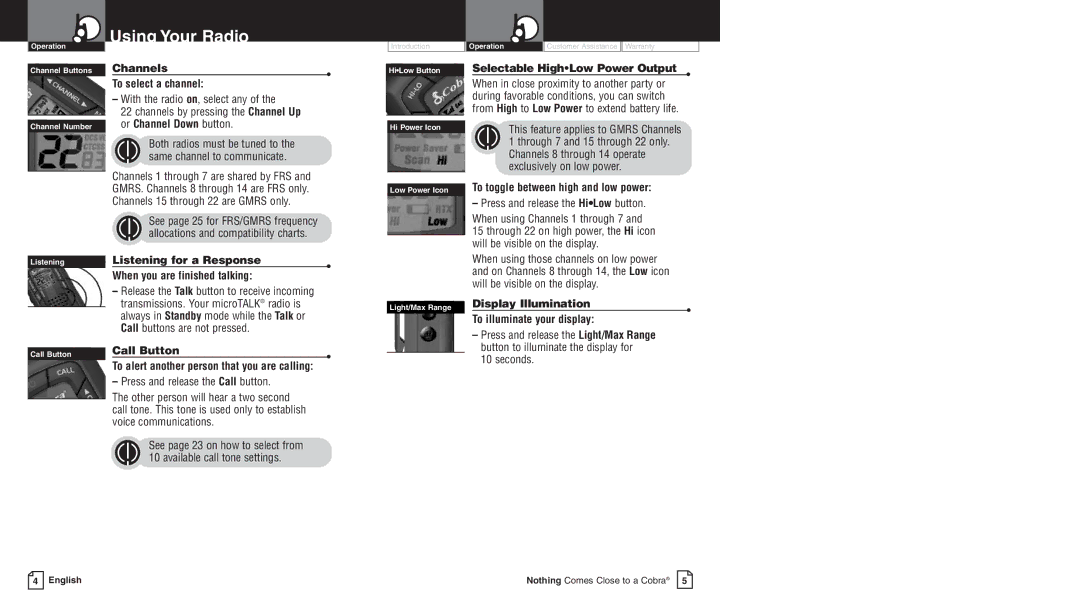 Cobra Electronics LI 3900DX owner manual Channels To select a channel, Selectable HighLow Power Output, Call Button 