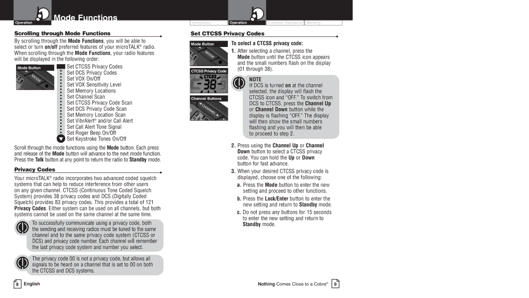 Cobra Electronics LI 3900DX owner manual Scrolling through Mode Functions, Set Ctcss Privacy Codes 