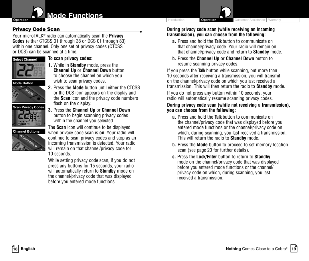 Cobra Electronics LI 3900DXC owner manual Privacy Code Scan, To scan privacy codes 