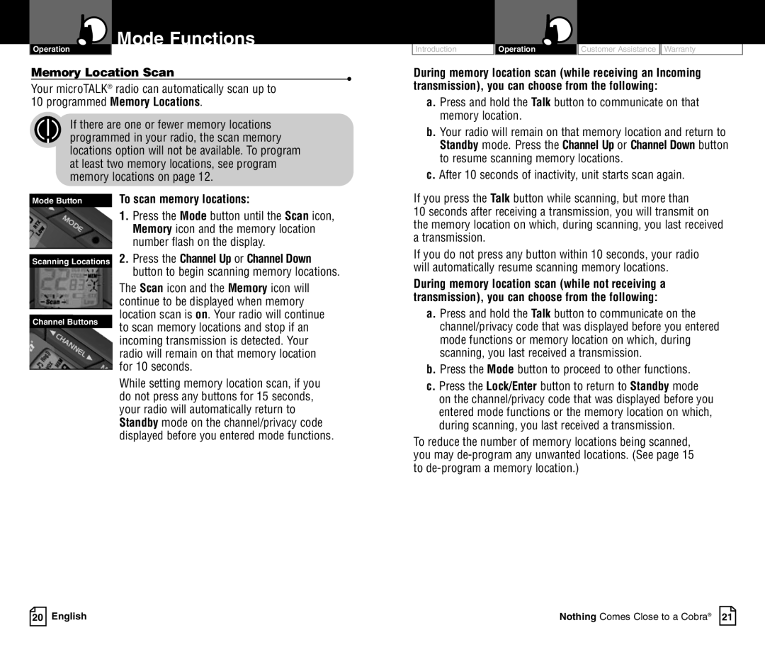 Cobra Electronics LI 3900DXC owner manual Memory Location Scan, To scan memory locations, Number flash on the display 