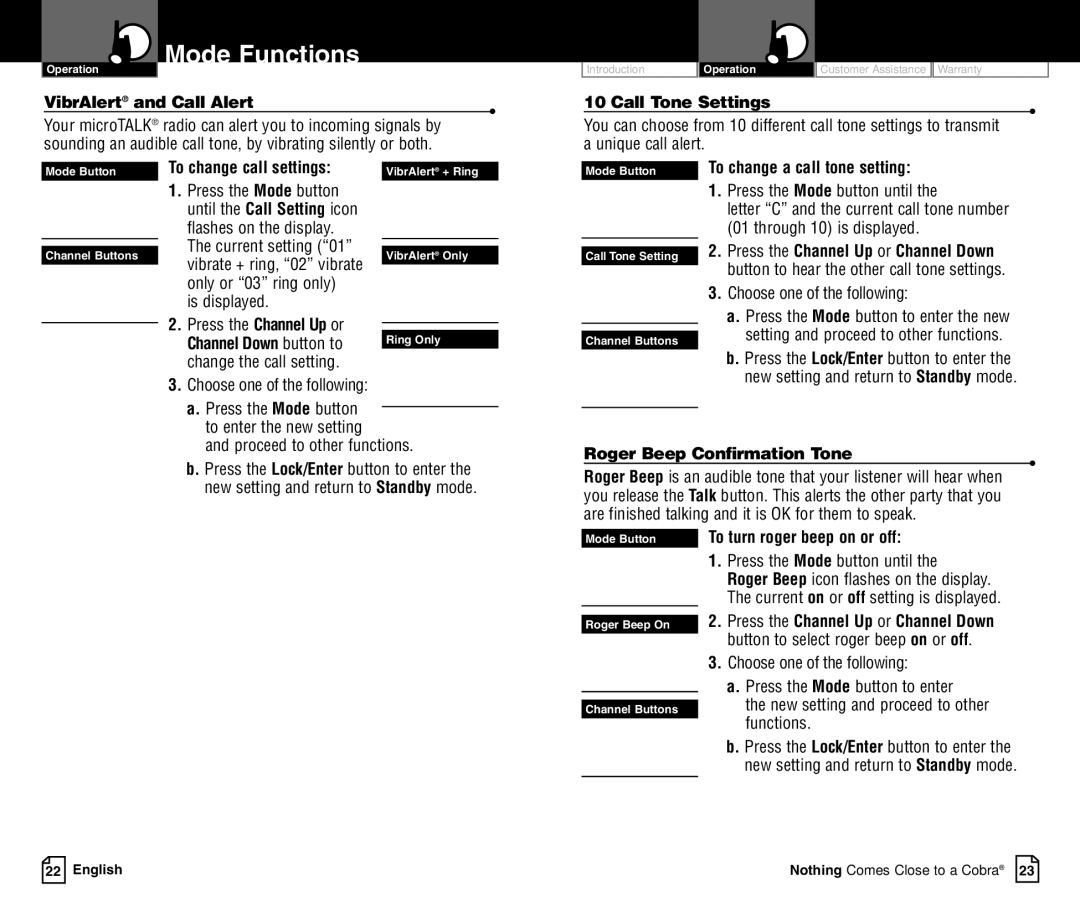 Cobra Electronics LI 3900DXC owner manual VibrAlert and Call Alert, Call Tone Settings, To change call settings 