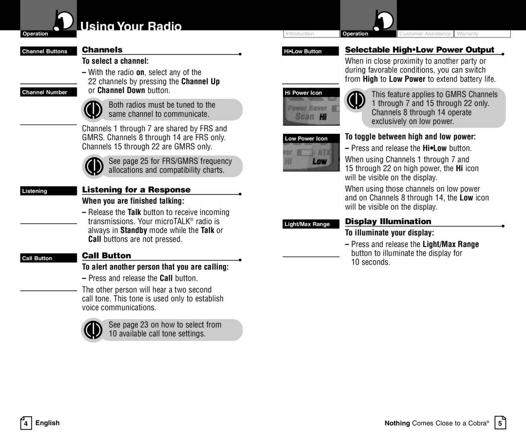 Cobra Electronics LI 3900DXC owner manual Channels To select a channel, Selectable HighLow Power Output, Call Button 