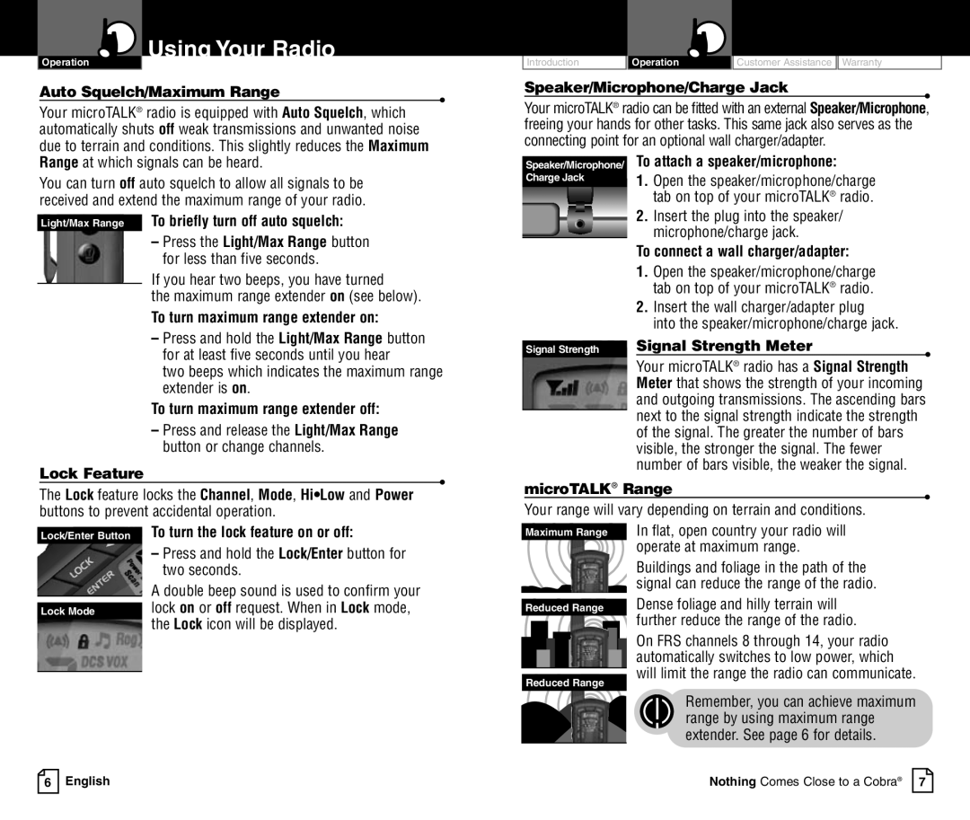 Cobra Electronics LI 3900DXC Auto Squelch/Maximum Range, Light/Max Range To briefly turn off auto squelch, Lock Feature 