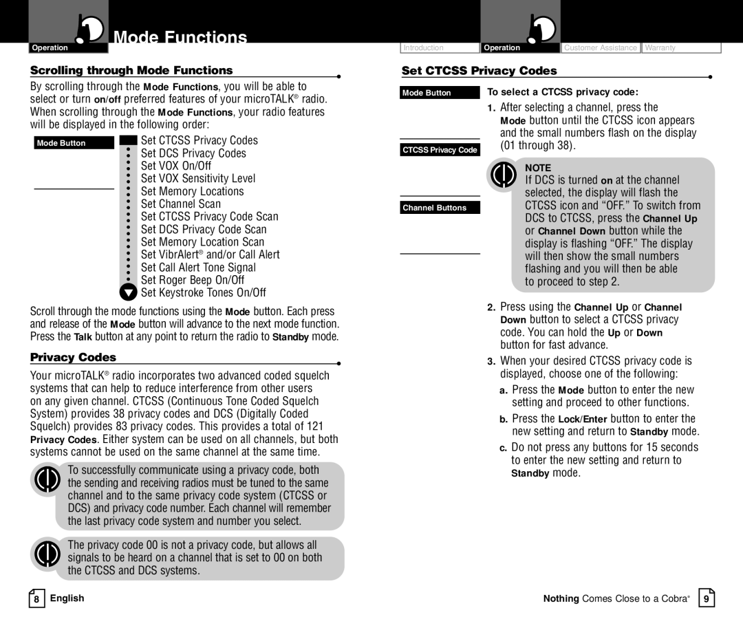 Cobra Electronics LI 3900DXC owner manual Scrolling through Mode Functions, Set Ctcss Privacy Codes 