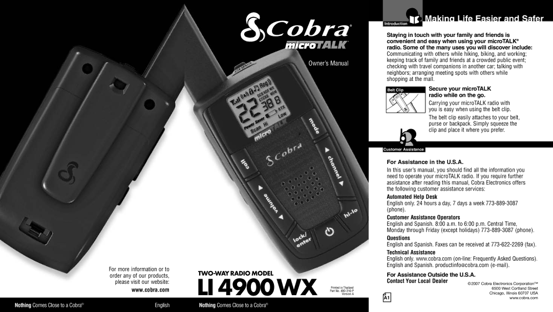 Cobra Electronics LI 4900WX owner manual Making Life Easier and Safer, For Assistance in the U.S.A, Automated Help Desk 