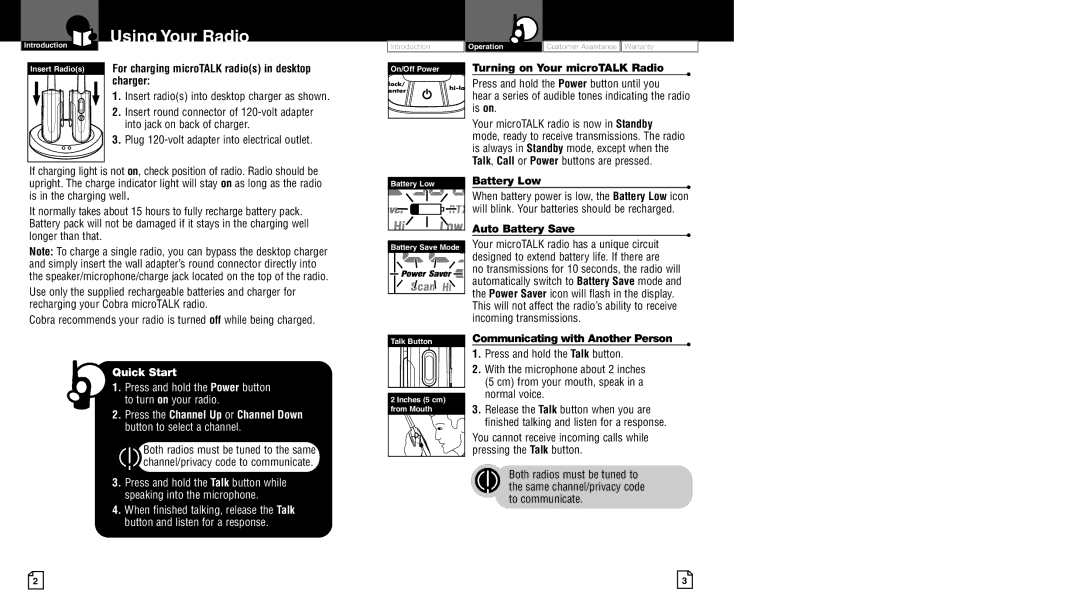 Cobra Electronics LI 4900WX owner manual Using Your Radio, For charging microTALK radios in desktop charger, Battery Low 