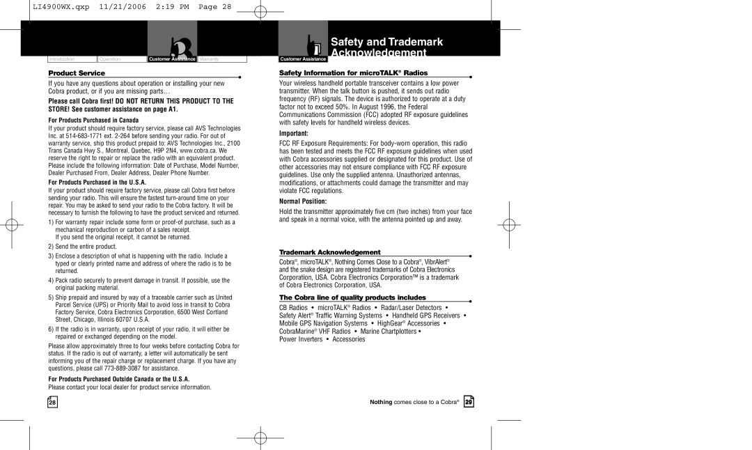 Cobra Electronics LI 4900WXC owner manual Safety and Trademark Acknowledgement, Product Service 