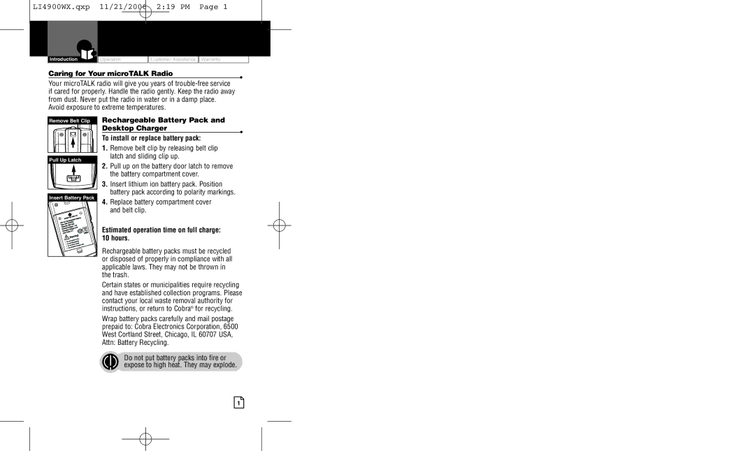 Cobra Electronics LI 4900WXC owner manual Caring for Your microTALK Radio, Replace battery compartment cover and belt clip 