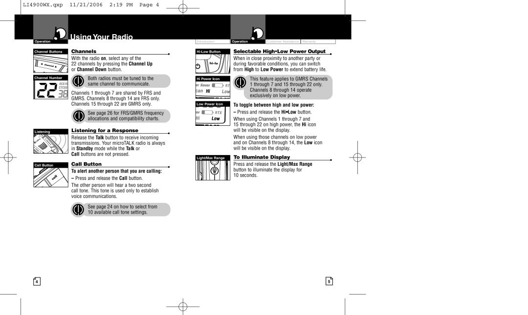 Cobra Electronics LI 4900WXC owner manual Channels, Or Channel Down button, Listening for a Response, Call Button 