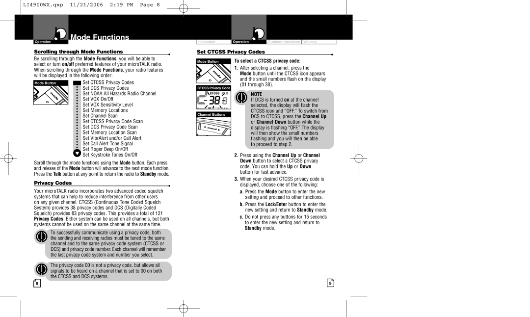 Cobra Electronics LI 4900WXC Scrolling through Mode Functions, Set Ctcss Privacy Codes, To select a Ctcss privacy code 