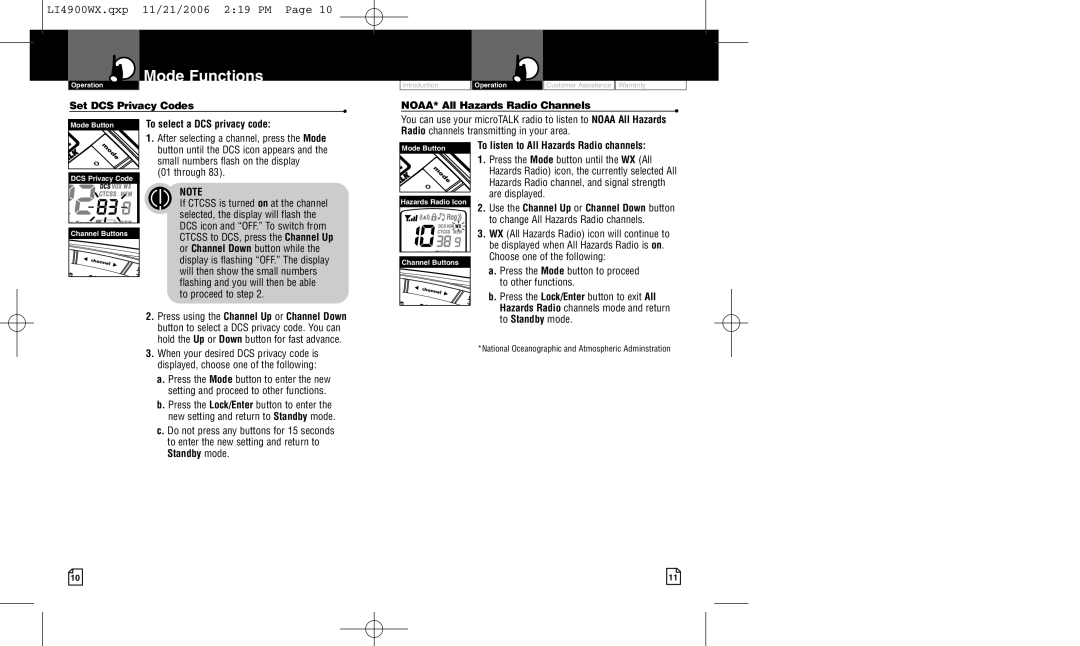 Cobra Electronics LI 4900WXC Set DCS Privacy Codes, To select a DCS privacy code, NOAA* All Hazards Radio Channels 