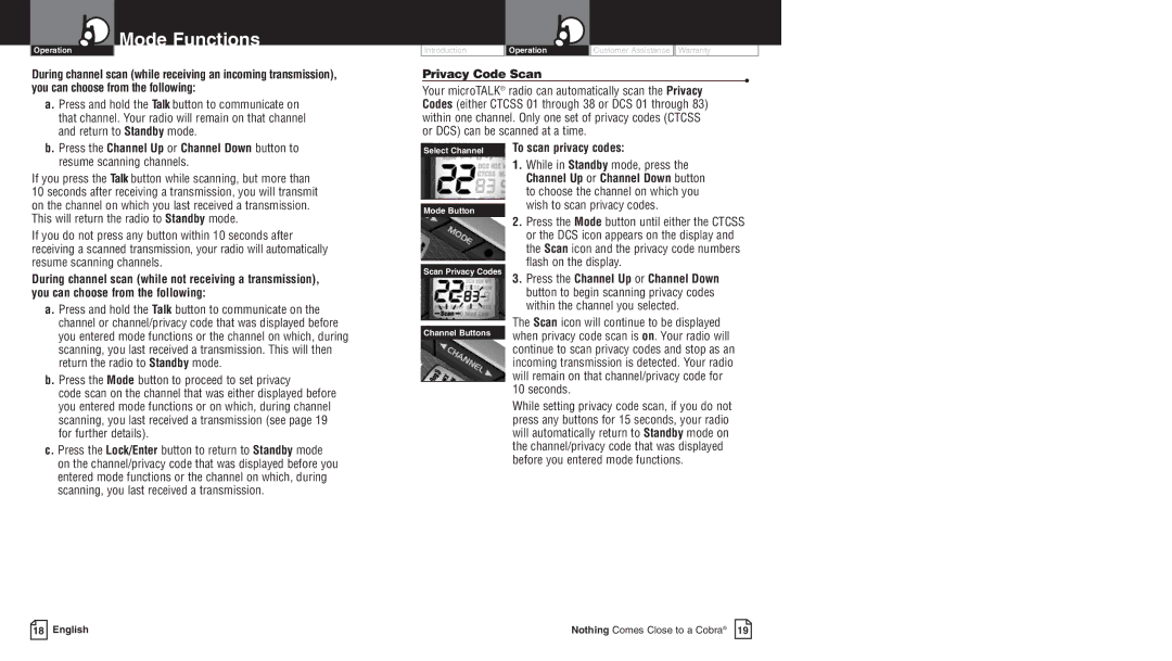 Cobra Electronics LI 6000WX owner manual Privacy Code Scan, If you press the Talk button while scanning, but more than 