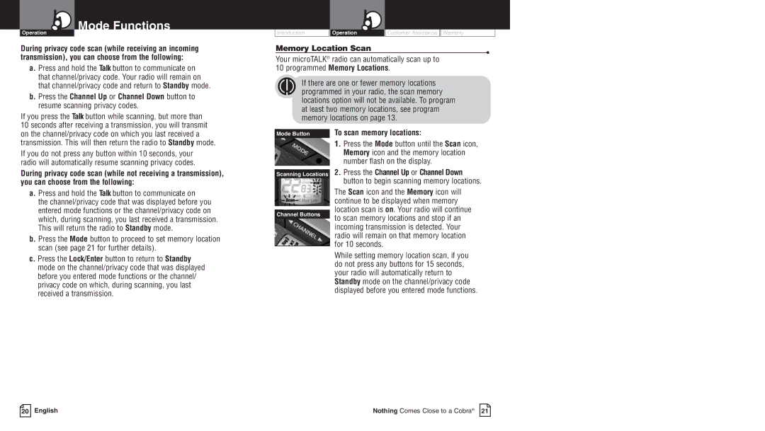 Cobra Electronics LI 6000WX owner manual Memory Location Scan, To scan memory locations, Number flash on the display 