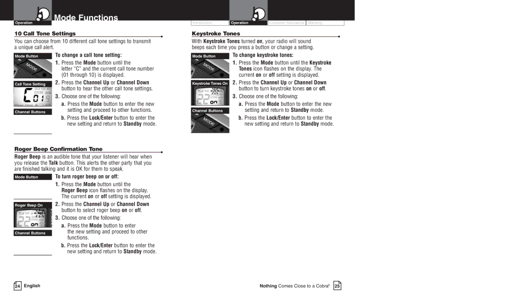 Cobra Electronics LI 6000WX owner manual Call Tone Settings, To change a call tone setting, Press the Mode button until 