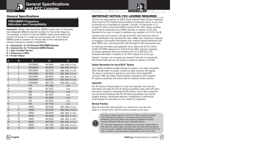 Cobra Electronics LI 6000WX General Specifications FCC License, Safety Information for microTALK Radios, Normal Position 