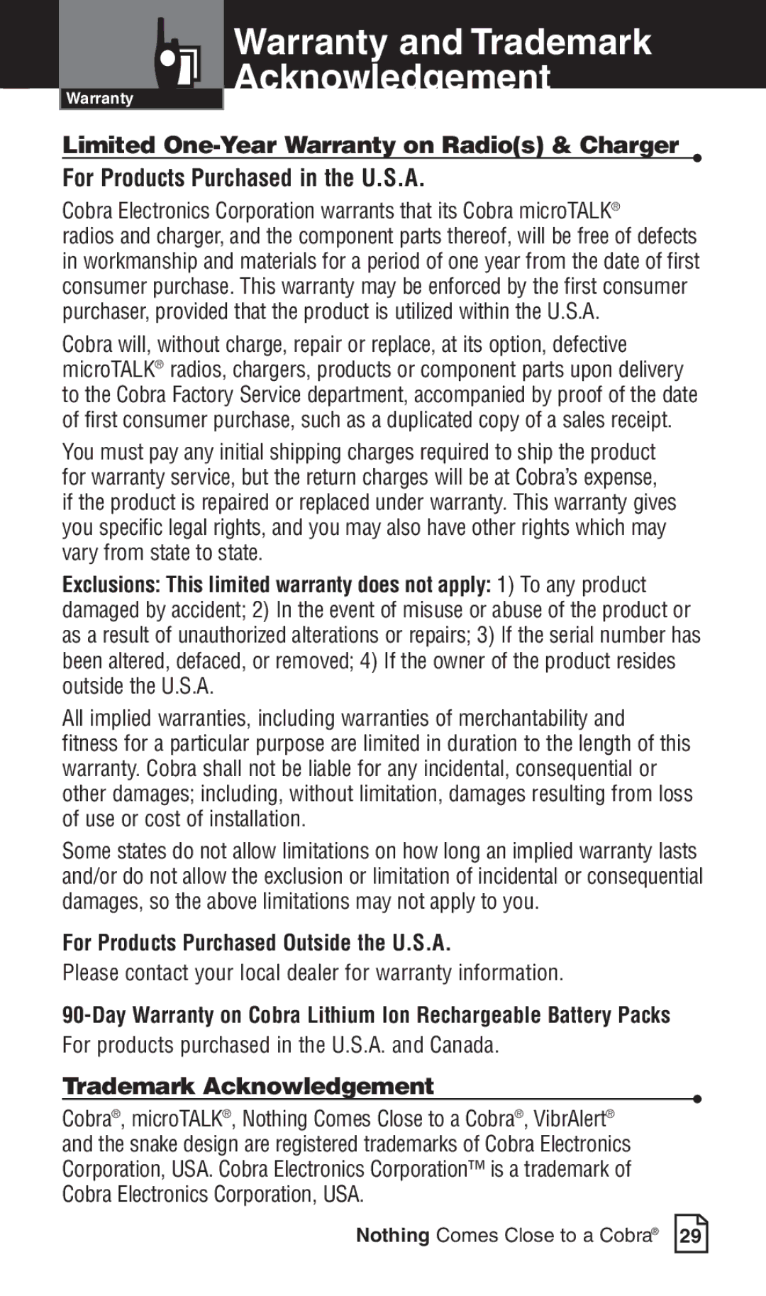 Cobra Electronics LI 6000WX owner manual Warranty and Trademark Acknowledgement 