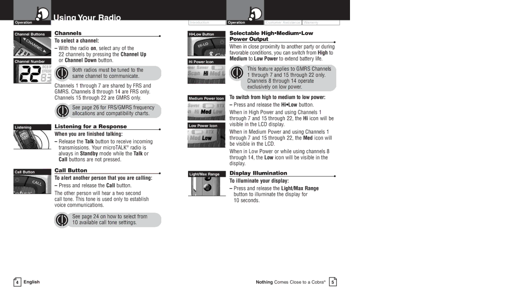 Cobra Electronics LI 6000WX Channels, To select a channel, Listening for a Response When you are finished talking 