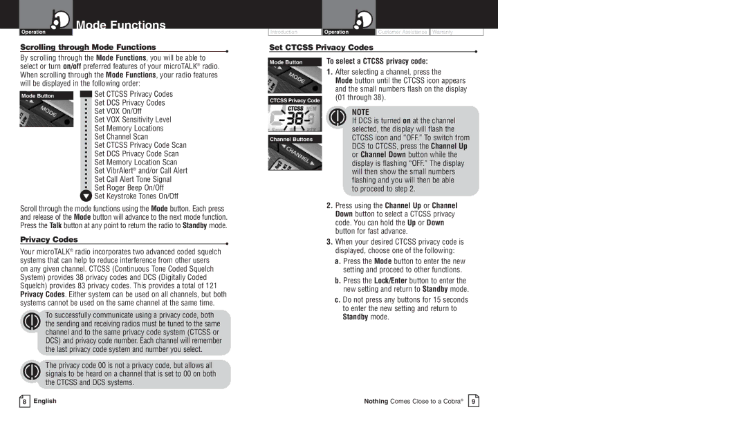 Cobra Electronics LI 6000WX owner manual Scrolling through Mode Functions, Set Ctcss Privacy Codes 