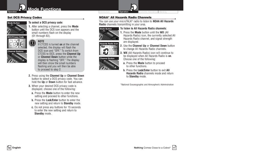 Cobra Electronics LI 6000WX Set DCS Privacy Codes, To select a DCS privacy code, NOAA* All Hazards Radio Channels 