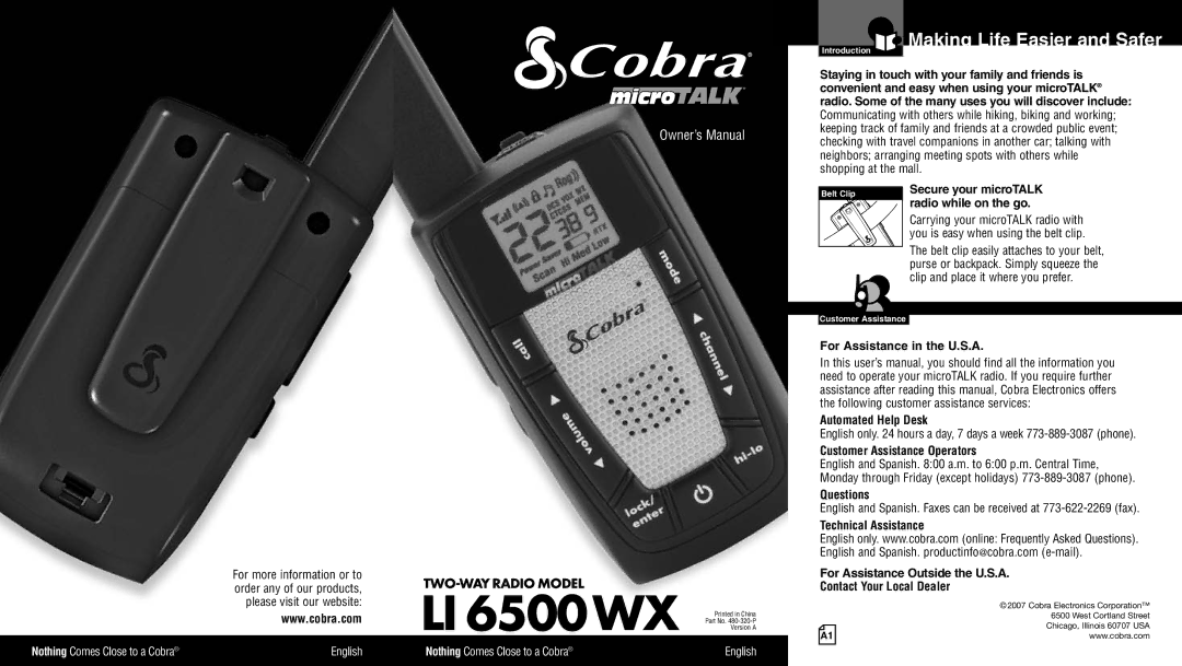 Cobra Electronics LI 6500WX owner manual Making Life Easier and Safer, For Assistance in the U.S.A, Automated Help Desk 