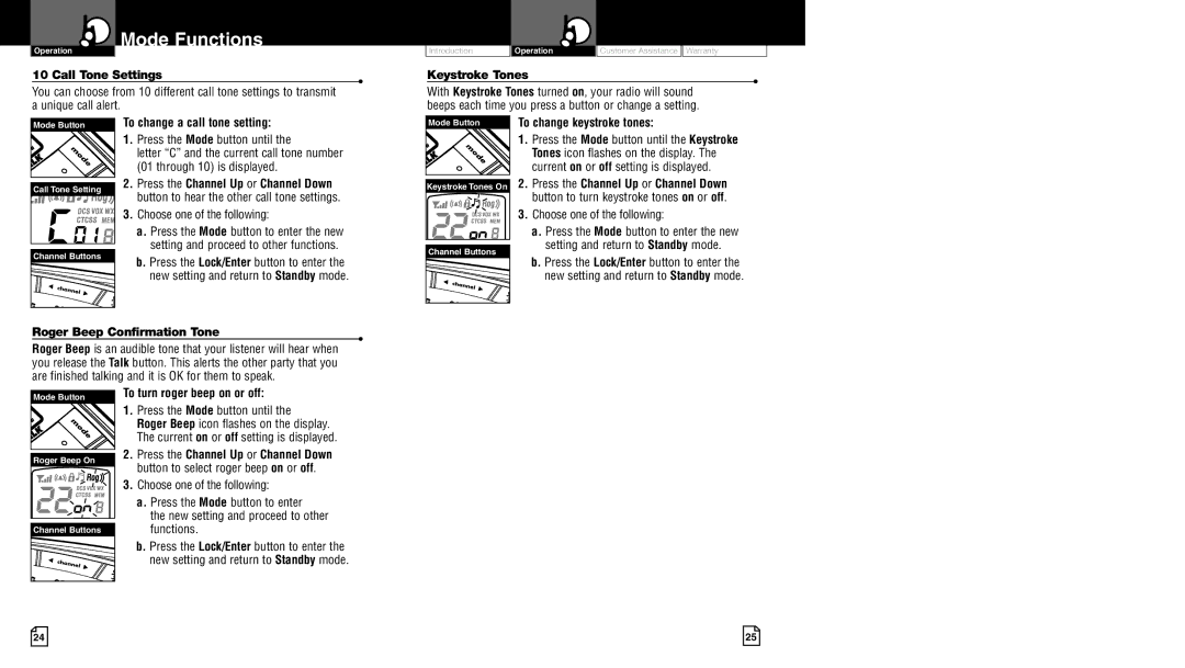 Cobra Electronics LI 6500WX owner manual Call ToneSettings, Keystroke Tones, Roger Beep ConfirmationTone 