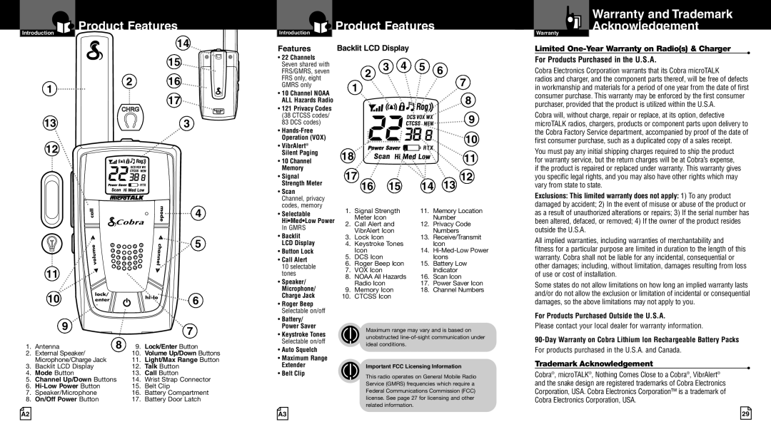 Cobra Electronics LI 6500WX Product Features Warranty and Trademark Acknowledgement, For Products Purchased in the U.S.A 