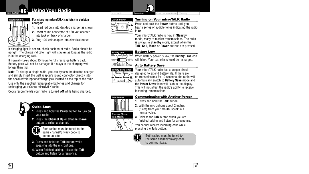 Cobra Electronics LI 6500WX owner manual Using Your Radio, For charging microTALK radios in desktop charger, Battery Low 