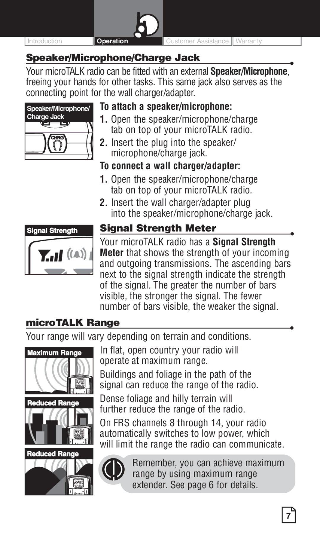 Cobra Electronics LI 6500WXC To attach a speaker/microphone, To connect a wall charger/adapter, Signal Strength Meter 