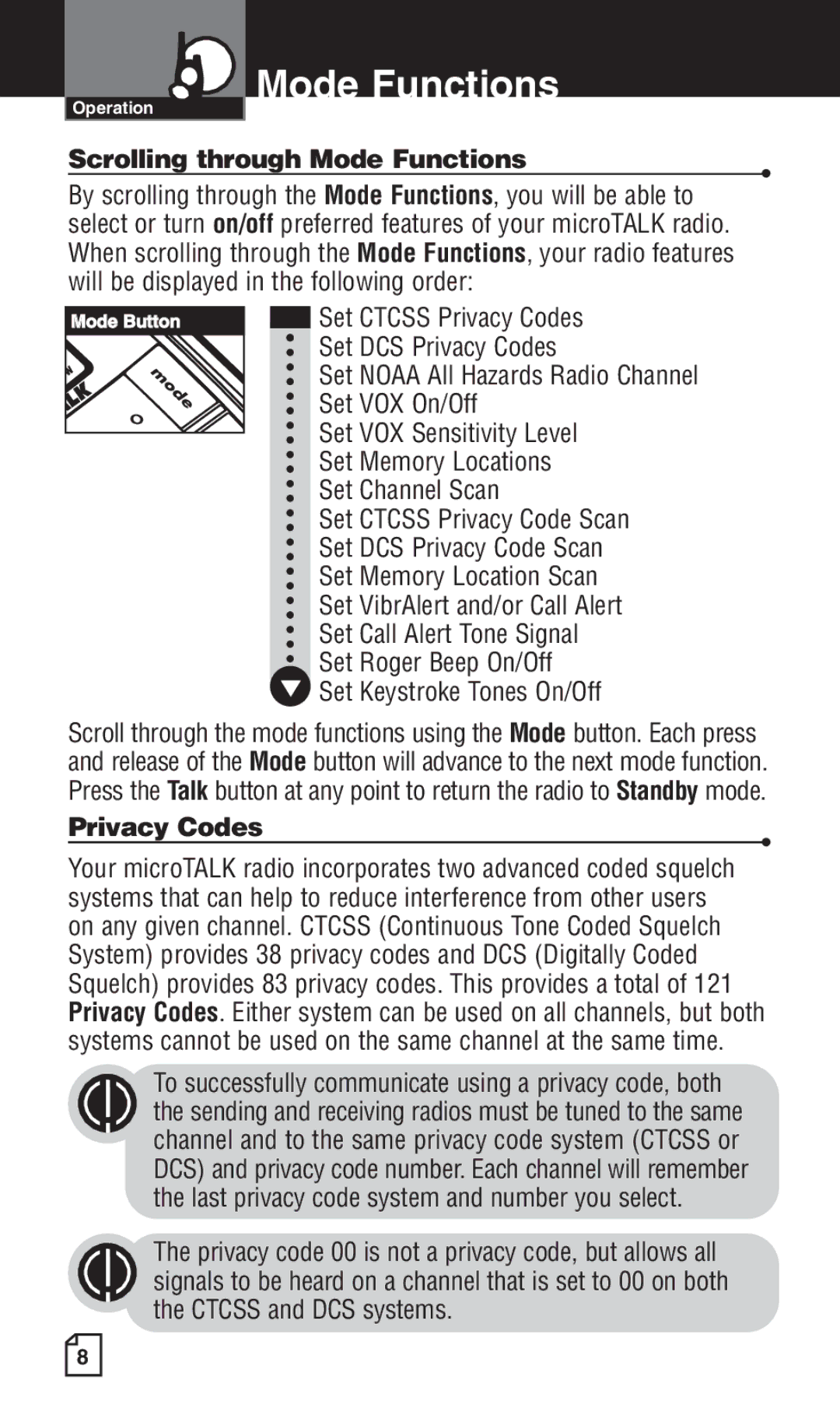 Cobra Electronics LI 6500WXC owner manual Scrolling through Mode Functions, Set Keystroke Tones On/Off, Privacy Codes 