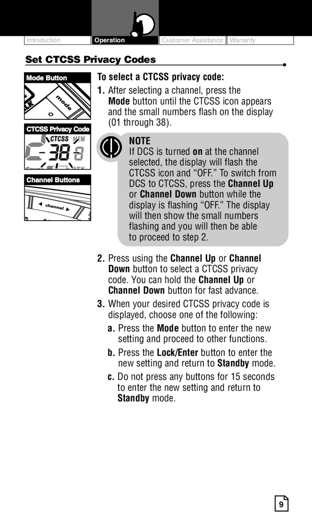 Cobra Electronics LI 6500WXC Set Ctcss Privacy Codes, To select a Ctcss privacy code, After selecting a channel, press 