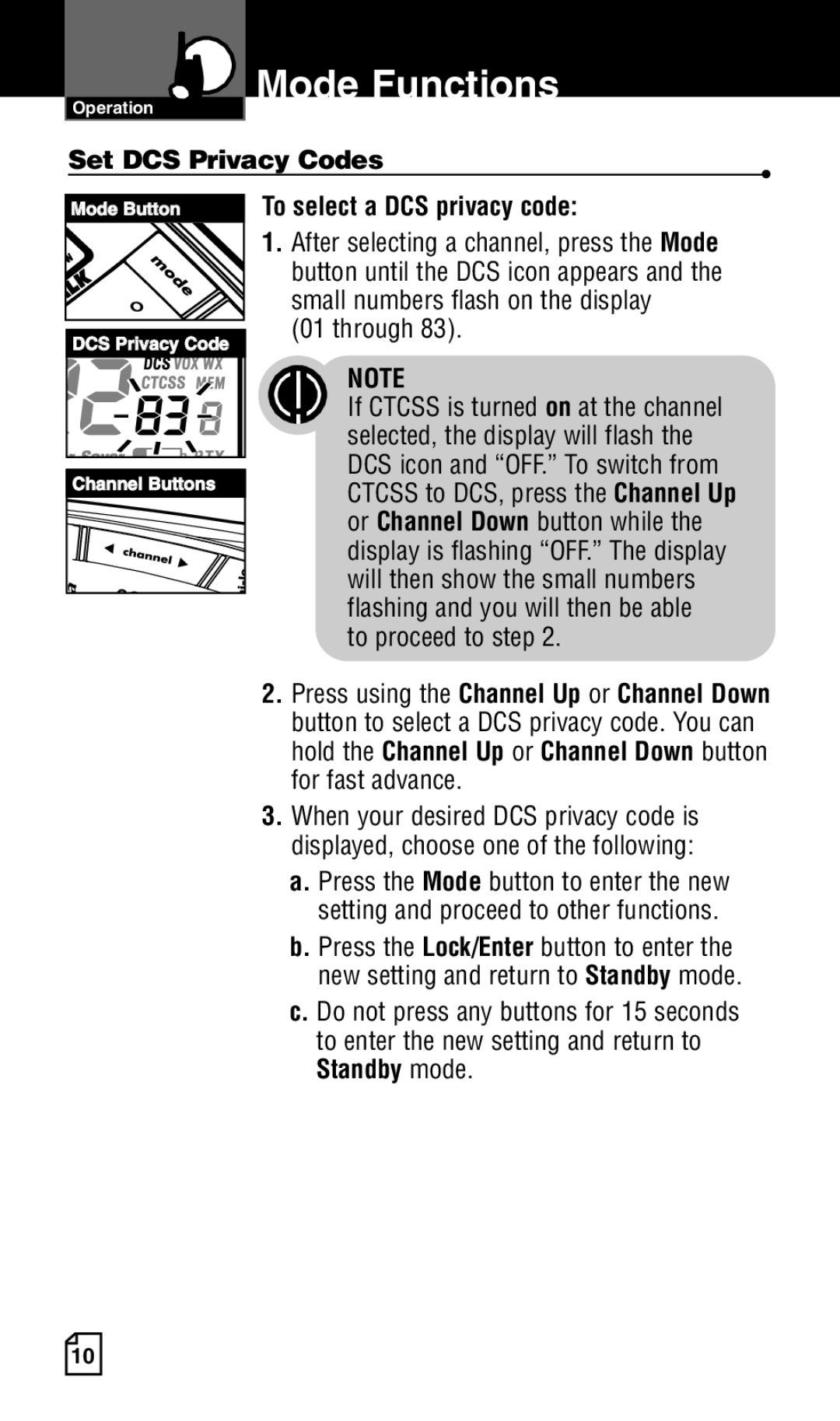 Cobra Electronics LI 6500WXC Set DCS Privacy Codes, To select a DCS privacy code, Small numbers flash on the display 