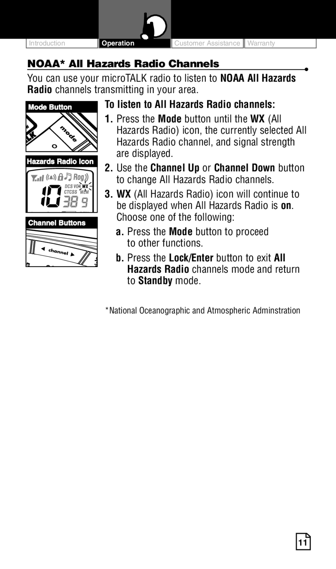 Cobra Electronics LI 6500WXC owner manual NOAA* All Hazards Radio Channels, To listen to All Hazards Radio channels 